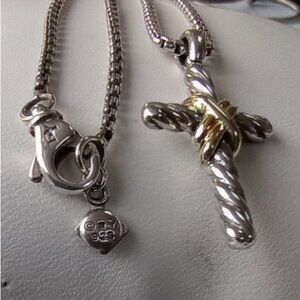 David Yurman Silver and Gold Twisted Cross Necklace